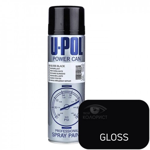 U-POL POWER CAN TOPCOAT COLOUR краска акриловая, 500 мл, аэрозоль, черный глянцевый